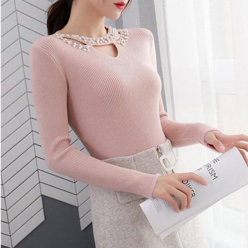 Pofulove Women hollow Pearl Beaded O-Neck Sweater Long Sleeve Slim Knit Pullover Sweater for Winter