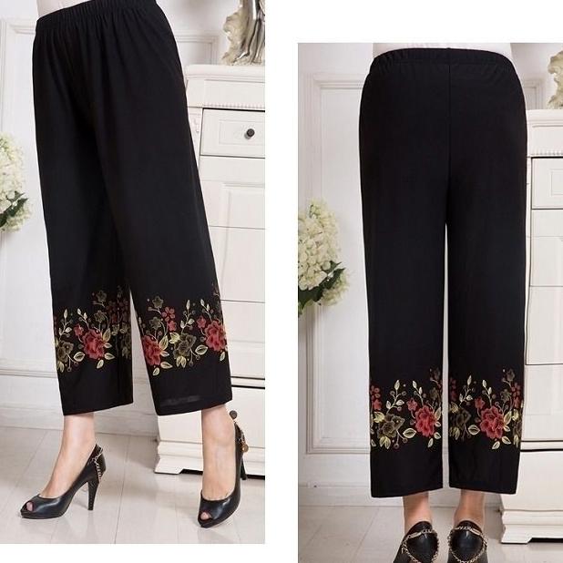 Women Summer Thin Pants Big Size Loose Elastic Waist Simple Cropped Pants High Waist Wide Leg Floral Printed Mothers' Casual Straight Pants