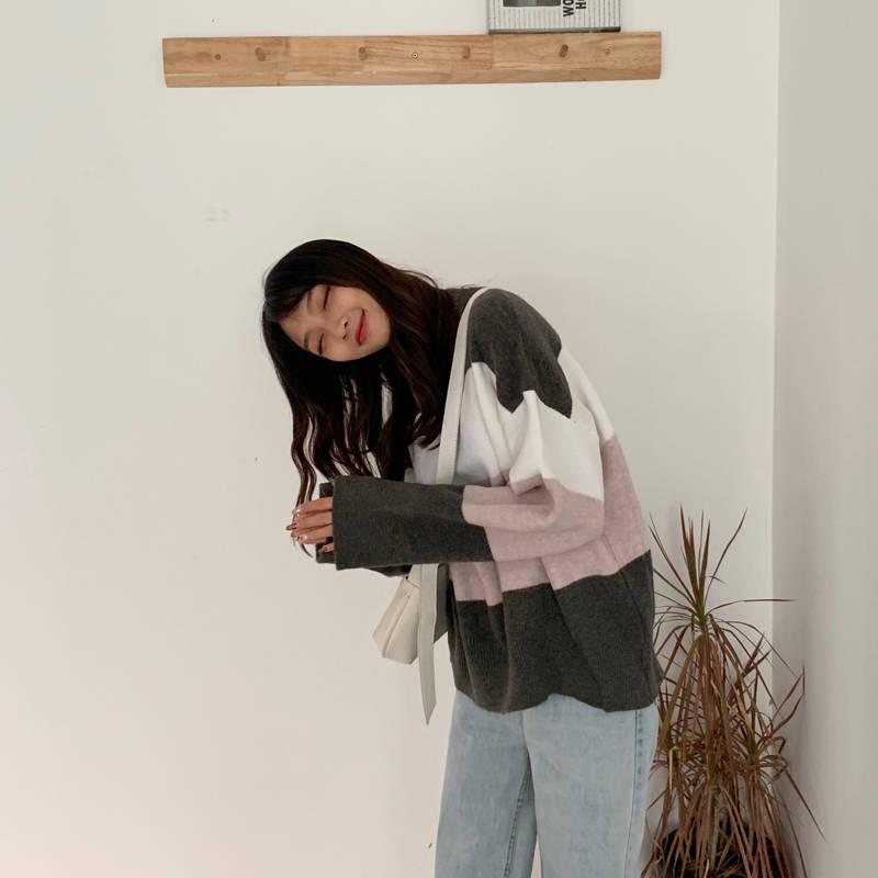 Pofulove Round Neck Loose Sweater Female Students Were Thin Wild Color Matching Long-sleeved Sweater