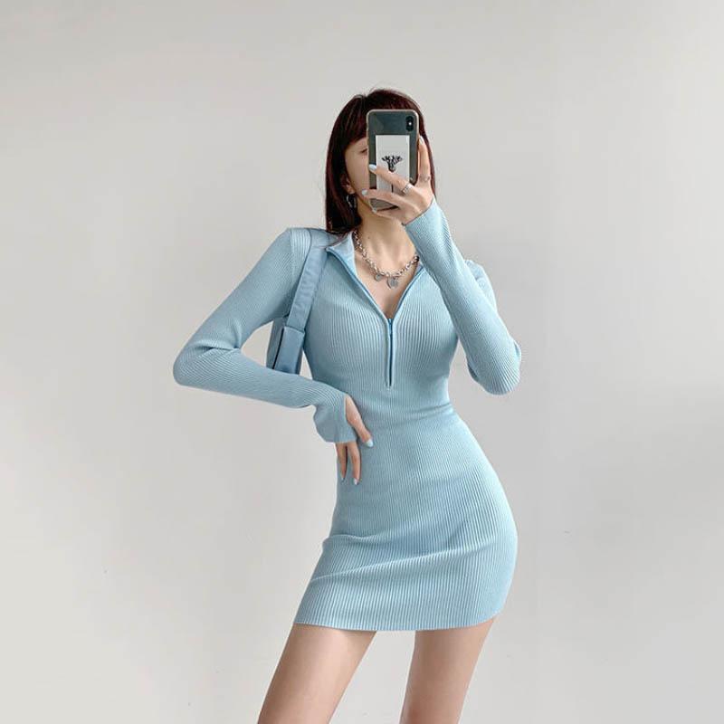 Sexy Half-high Collar Short Skirt with Hips Female Spring Summer Long-sleeved Knitted Little Black Dress Tight Dress