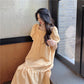 Women's French Retro Style Orange Dress with Puff Sleeves Square Collar Waist Waist Slim Dress