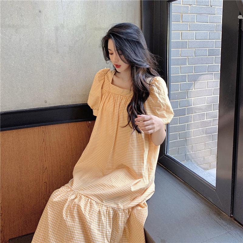 Women's French Retro Style Orange Dress with Puff Sleeves Square Collar Waist Waist Slim Dress