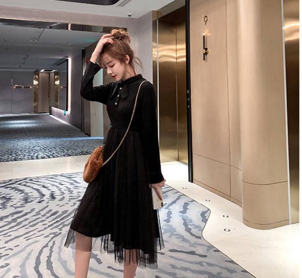 Pofulove Bottoming Black Skirt Ladies Super Fairy Mesh Stitching Dress Plus Velvet Midi Fairy Skirt