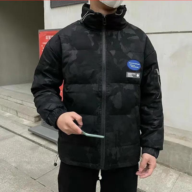 Men's Winter Down Jacket Plus Size PU Leather Camouflage Jacket Streetwear Coat Stand Collar Solid Color Casual Jackets Warm Thick Black Clothing