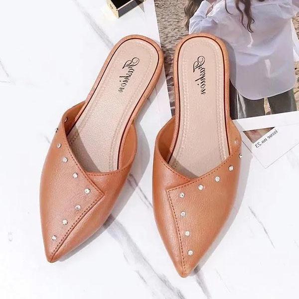 Women's Spring Solid Color Low Heel Rhinestones Single Shoes Office Ladies Summer Autumn Large Size Non-slip Baotou Slippers
