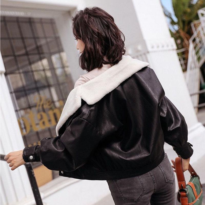 Women's Leather Winter Clothing Korean Style Short Loose Leather Jacket Lamb Hair Plus Velvet Thick Motorcycle Leather Jacket