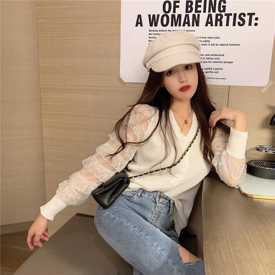 Pofulove Crew Neck Lace Cuffs Base Knitwear Chic Skin-friendly High Elastic Button Jumper Sweater