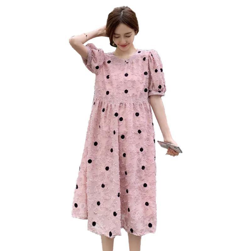 Polka Dot Dress Women's Short Puff Sleeve Round Neck Calf Length Summer M-XXL Pregnant Women Can Wear