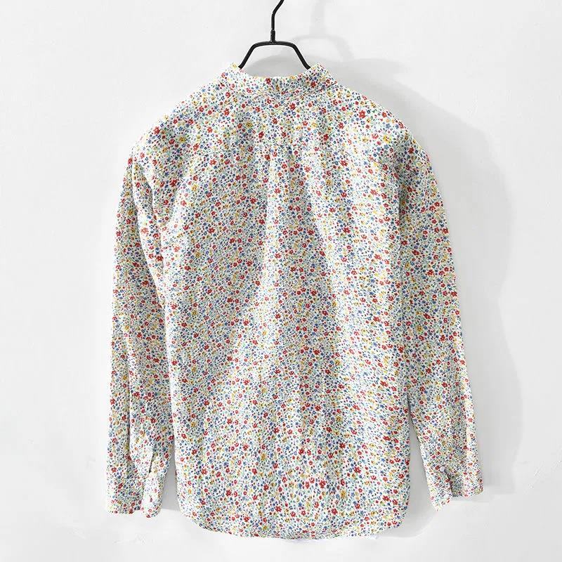 Retro Pastoral Style Printed Linen Long-sleeved Shirt Men's Loose Youth and Thin Fashion Floral Cotton and Linen Shirt