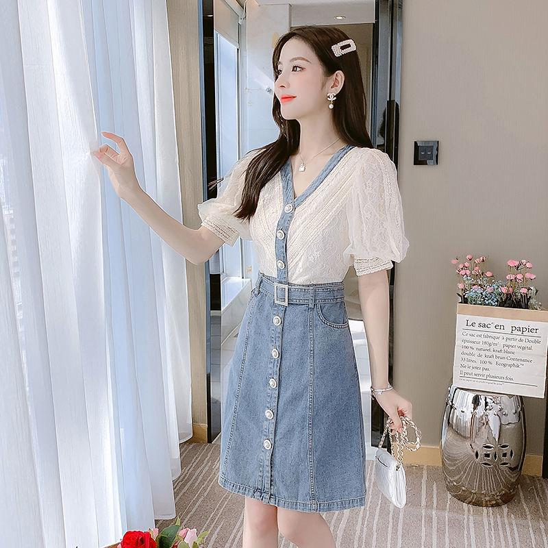 Dress Women's Summer Style European Station Fashion Waist Stitching Denim Skirt