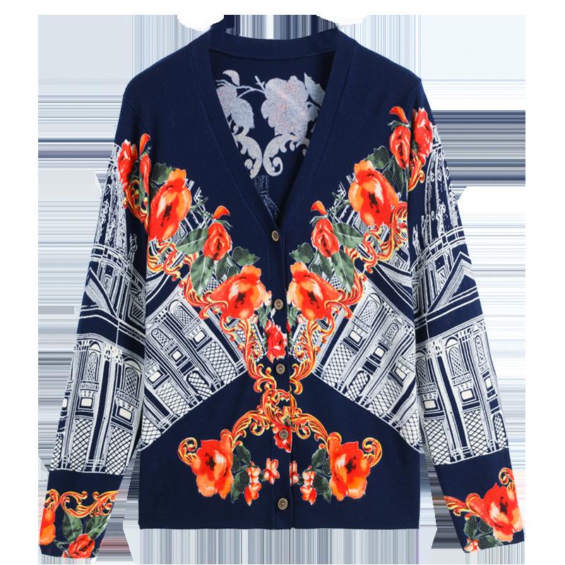 Women's  Print Cardigan Autumn and Winter Retro Loose Wool Sweater Plus Size Short Cardigan Sweater