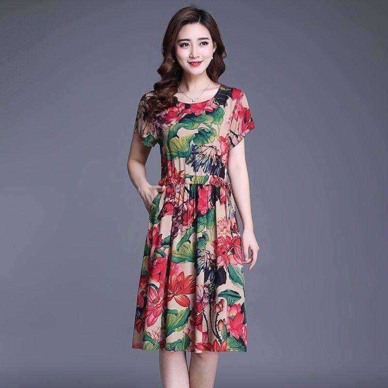 L-XXXXL Plus Size Women Summer Retro Mid-length Printed Over-the-knee Dress Short Sleeve Elastic Waist A-line Skirt