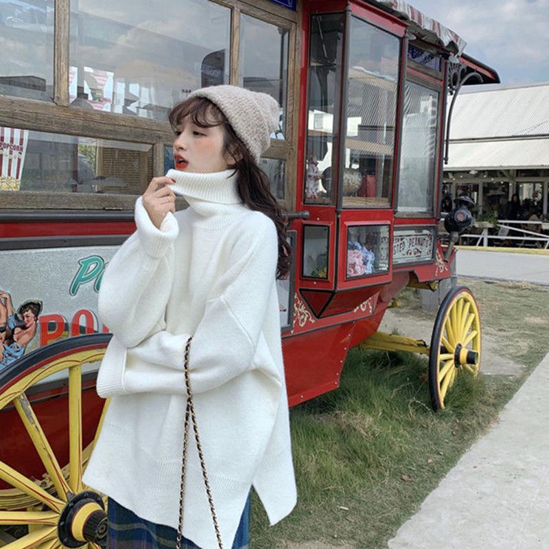 Winter Thick Solid Color Sweater Female Students Korean Turtleneck Pullover Bottoming Shirt Wild Split Stitch Loose Knit Sweater Jacket