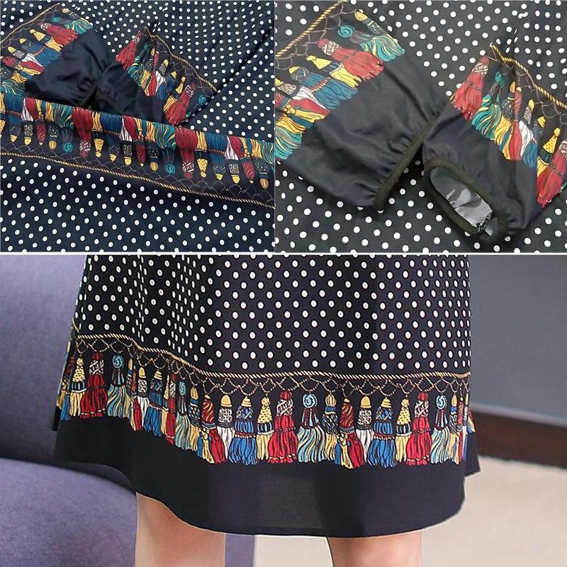WTEMPO Plus Size Ladies Dress Summer Round Neck Knee-length Chiffon Polka Dot Tassel Printing L-XXL