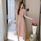 Female Little Fresh Sweet Vintage Holiday Dress Slim High Waist Square Neck Elegant Floral Print Lace Dress