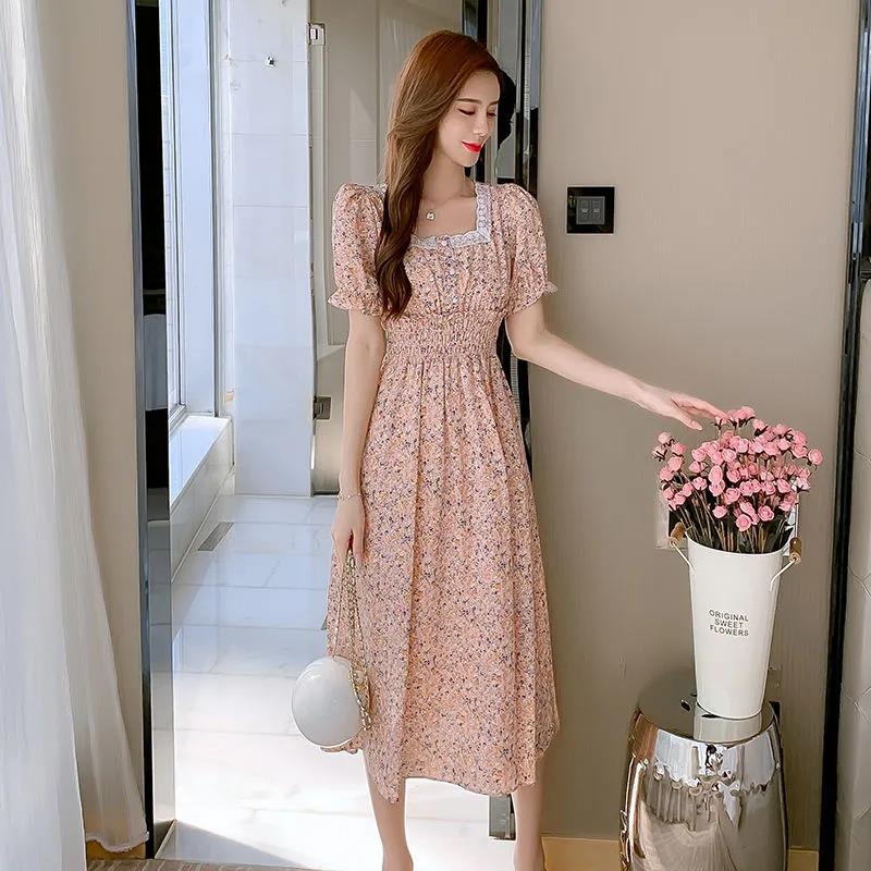 Female Little Fresh Sweet Vintage Holiday Dress Slim High Waist Square Neck Elegant Floral Print Lace Dress