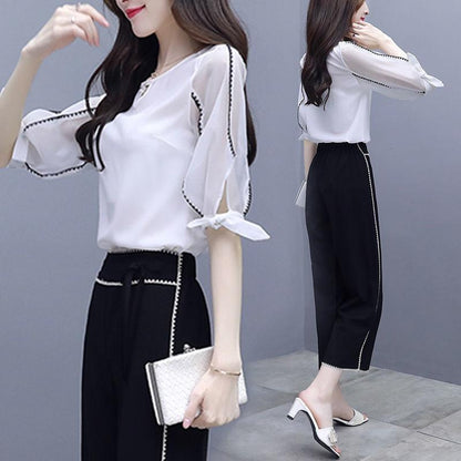 Women's Wide-leg Pants Two-piece Suit Black and White Suit Elegant Temperament Female Professional Suit, Working Lady Suit Two-piece Suit