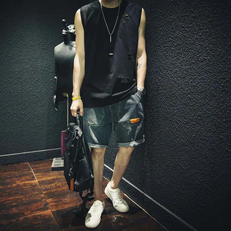 Summer Thin Rotten Hole Sleeveless T-shirt Loose Waistcoat Outer Wear Solid Color Trendy Vest