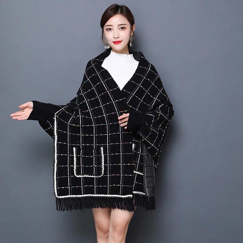Women's Shawl with Sleeves Autumn and Winter Knitting Waterproof Mink Fleece Slim Slimming Outer Thick Plaid High-end Cloak Temperament Wrap
