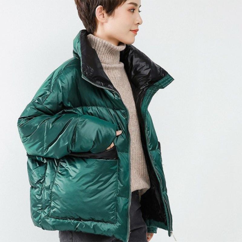 Women's Shiny Short Down Jacket Winter Korean Style Loose Quilted Jacket Casual Stand-collar Padded Jacket