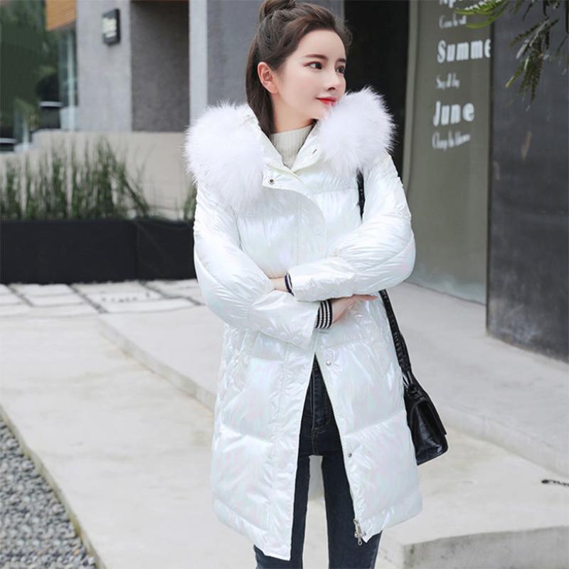 Women's Bright Face Hooded Down Jacket Mid-length Korean Loose Thick Coat Warm Cotton Coat Large Wool Collar Winter Quilted Coat