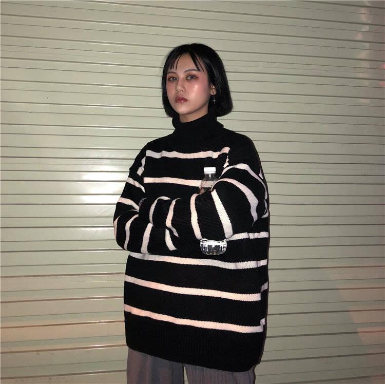 Pofulove Striped Embroidered Turtleneck Women's ulzzang Students Loose Contrast Color Sweater Coat