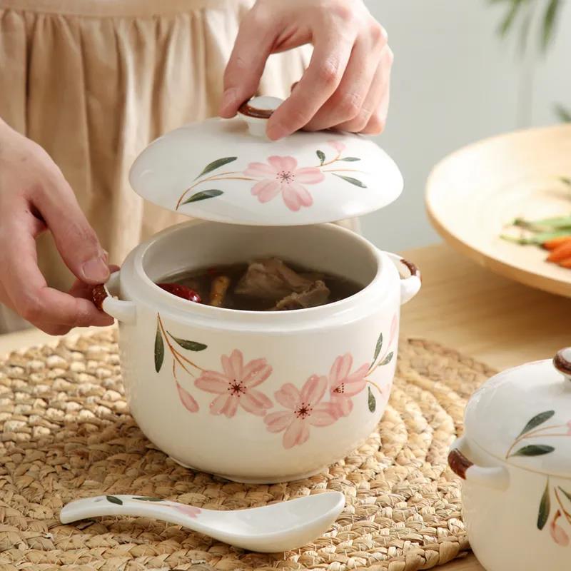 Chinese Style Underglaze Cherry Blossom Ceramic Soup Cup, Steamed Egg Pot, Water-proof Soup Pot with Lid