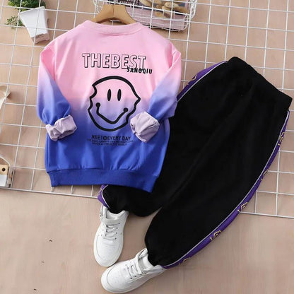 Boys Spring and Autumn Sports Set Long-sleeved Pullover Round Neck Smiley Pattern Printing Gradient Color Sweater Trousers Two-piece Set