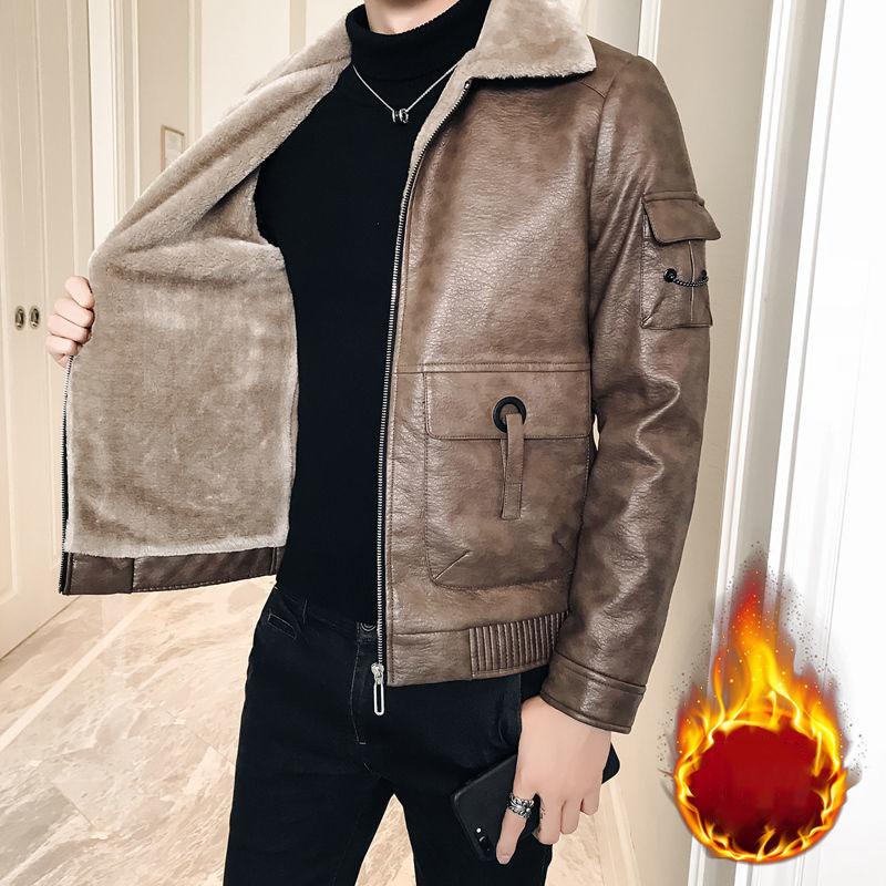 Winter Fur One Male Plus Velvet Thickening Slim Korean Handsome Jacket Trend PU Leather Lamb Fur Jacket Male