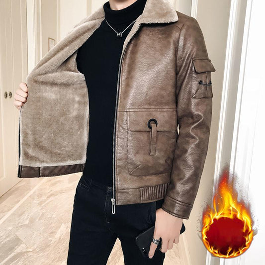 Winter Fur One Male Plus Velvet Thickening Slim Korean Handsome Jacket Trend PU Leather Lamb Fur Jacket Male