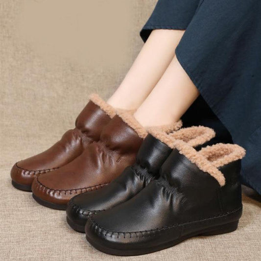 Soft Leather Women's Boots Plus Velvet Korean Short Boots Non-slip Rubber Sole Thick Plush To Keep Warm