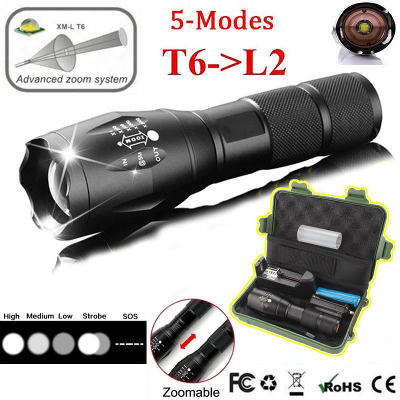 Portable LED Flashlight Multifunction Torch Zoomable 5-Mode Waterproof+18650 Battery+Charger+Kit