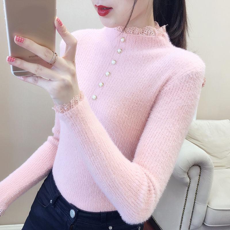 Half High Collar Imitation Mink Velvet Women's Sweater Bottoming Shirt Winter Lace Sweater Top
