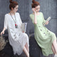 Summer Retro Ethnic Print Dress Mid-length Plus Size Fake Two Pieces of Bamboo Print Solid Color