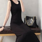 Women's Summer Simple and Elegant Sleeveless Floor Long Slim Black Vest with A-line Dress