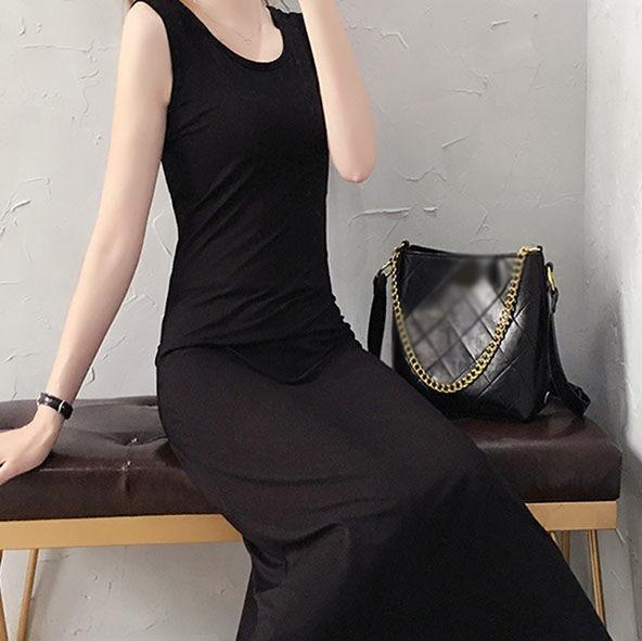 Women's Summer Simple and Elegant Sleeveless Floor Long Slim Black Vest with A-line Dress