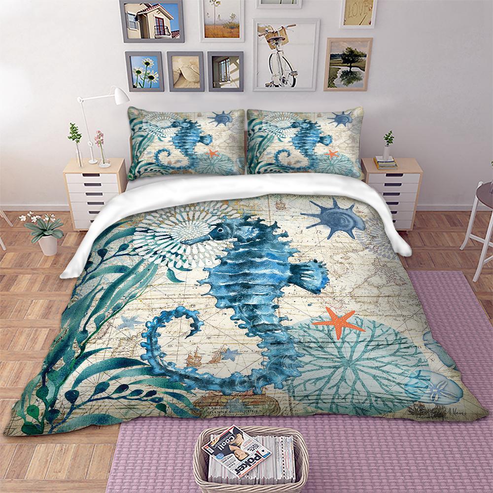 3pcs Seahorse 3D Ocean Bedding Set Duvet Cover Sets Twin Full Queen Size