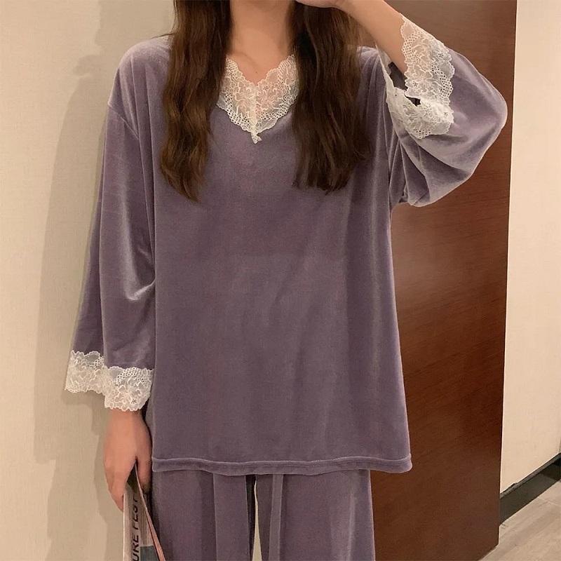 Women's Spring Autumn Lace Long-sleeved Pajamas Suit Winter Velvet Sexy Pyjamas Loose Comfortable Skin-friendly Homewear Breathable Sleeping Suit