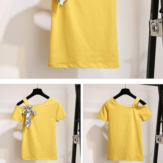 Women One-shoulder T-shirt +Printed Mermaid Skirt Two Piece Set Off Shoulder Tops Floral Skirt Sets