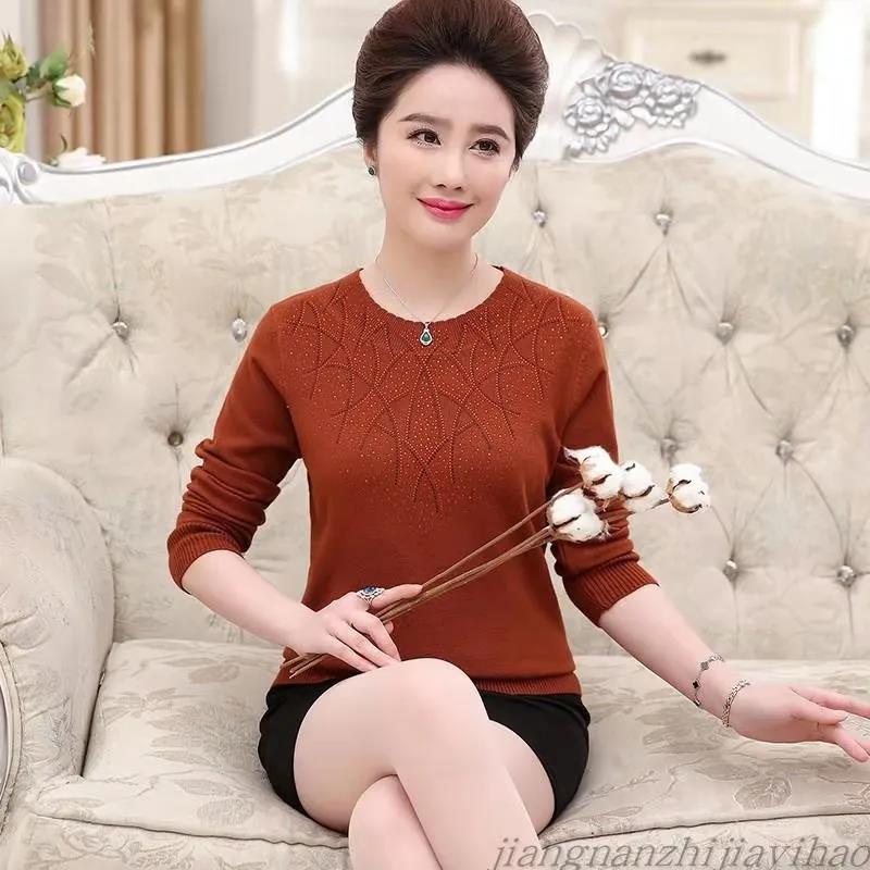 Women's Round Neck Pullover Knitwear Fashion Diamond Neckline Long Sleeve Sweater Large Size Loose Sweater