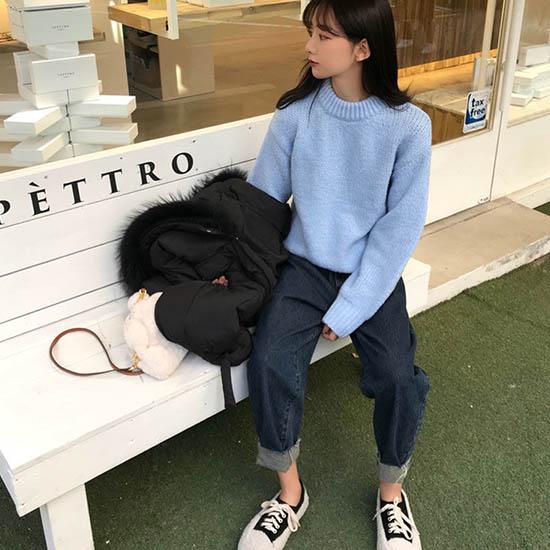 Girly ThickenLoos e Skin-friendly Sweater Loose Solid Color Crew Neck Bottoming KnitwearTop