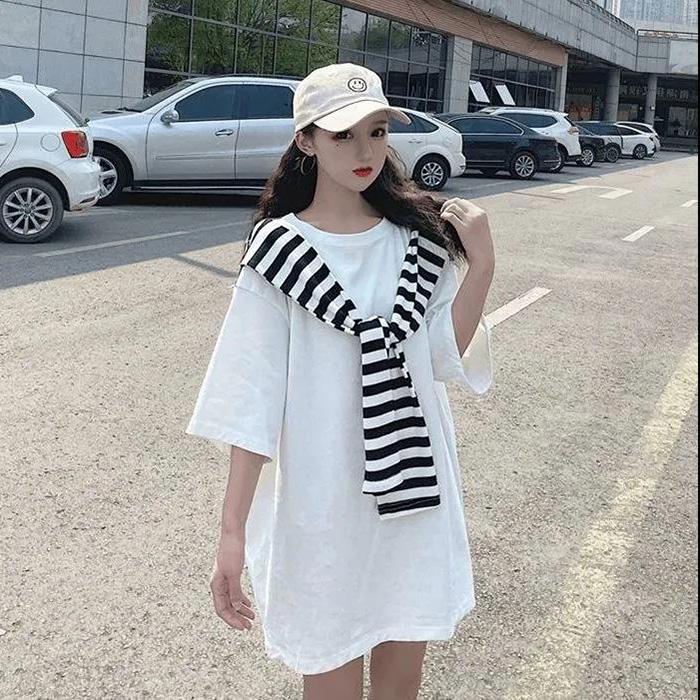 Navy Style Women Dress Girl Loose O-Neck Short Sleeve Casual Long T-shirt Dress Big Loose Comfort