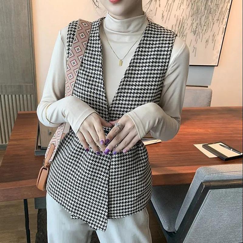Houndstooth Women's Vest Sleeveless Spring and Autumn Casual Coat Waistcoats with Belt