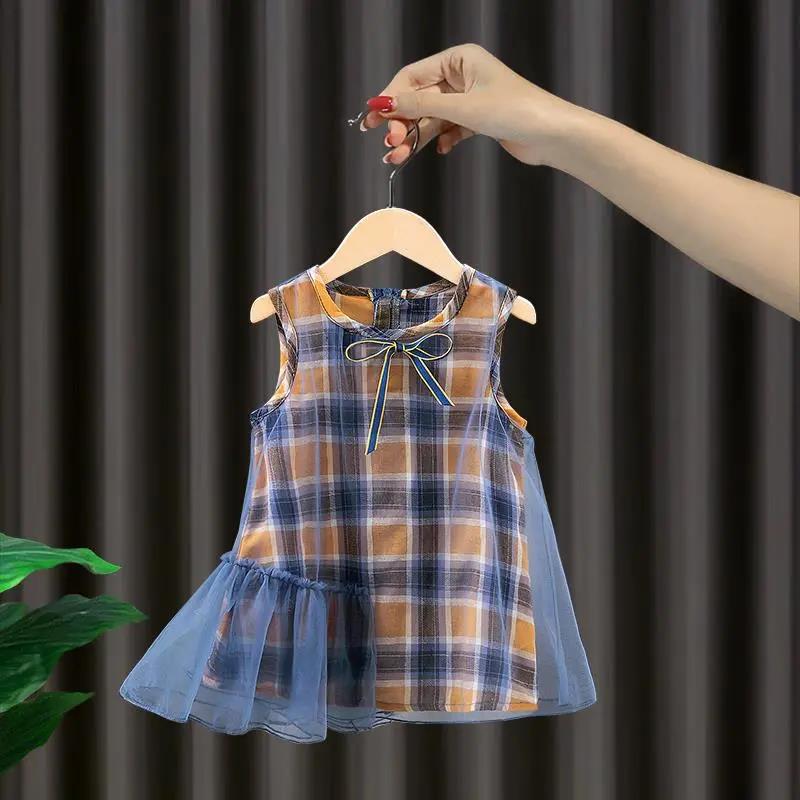 Children Dress Girls Summer Thin Dresses Plaid Sleeveless Bowknot Princess Dress Irregular Mesh Dress Vest Dress