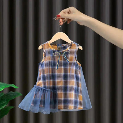 Children Dress Girls Summer Thin Dresses Plaid Sleeveless Bowknot Princess Dress Irregular Mesh Dress Vest Dress