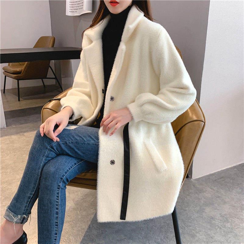 Autumn and Winter Imitation Mink Cardigan Hooded Loose Mid-length Lazy Sweater Large Size Thick Coat Women