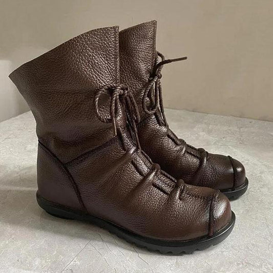 Handmade Pleated Martin Boots Cotton Boots Women's Leather Boots Top Layer Cowhide Comfortable Soft Sole Short Boots