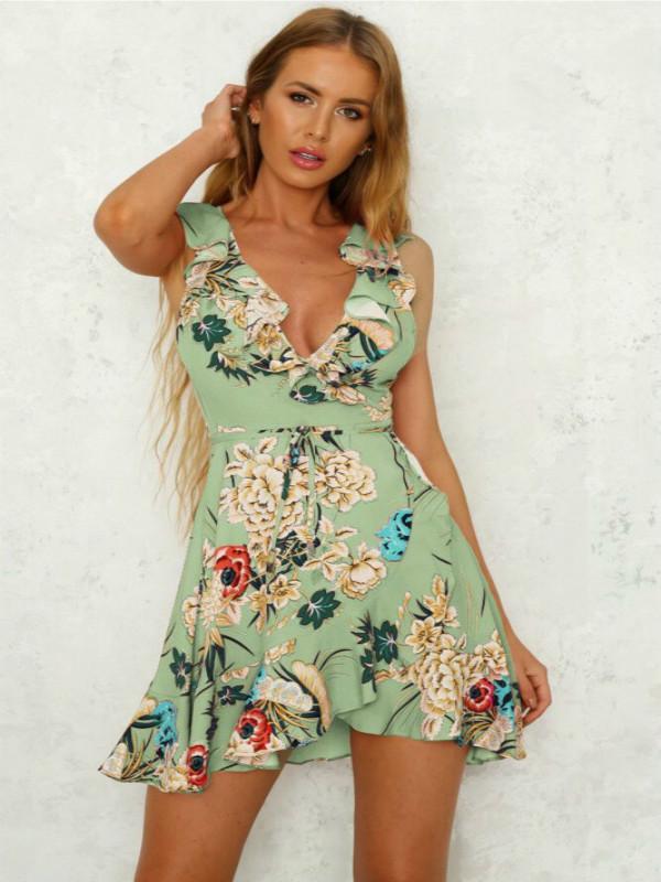 2019 Women Summer Sleeveless Ruffle V Neck Bohemian Beach Dress Floral Short Casual Vestidos