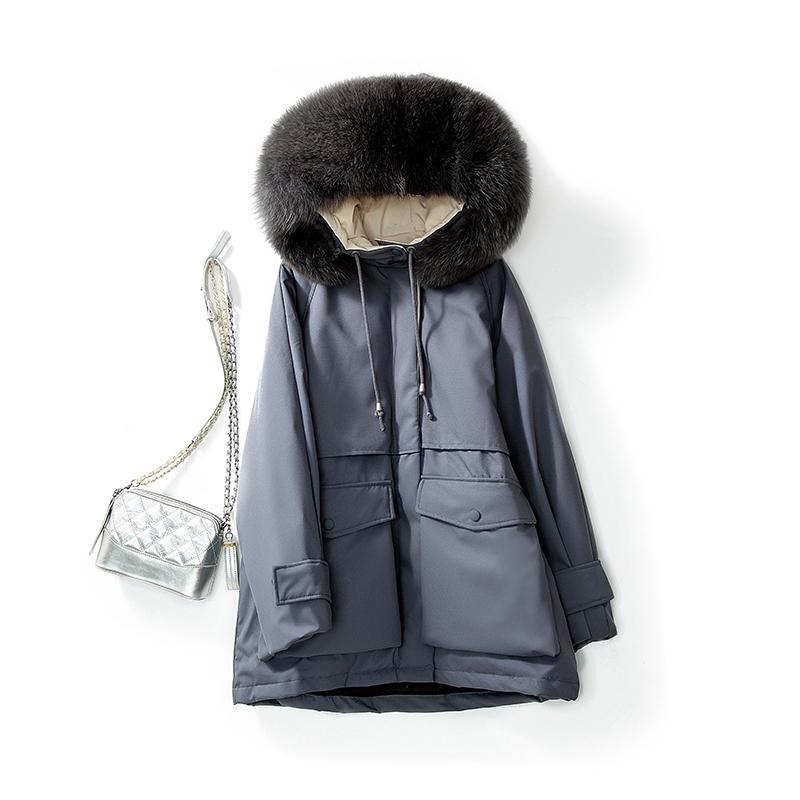 Large Natural Fox Fur Hooded Winter Jacket Women Duck Down Thick Parkas Warm Sash Tie Up Snow Coat