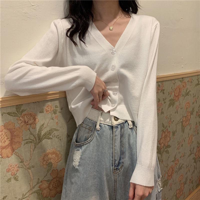Spring and Autumn Style V-neck Cardigan Short Long Sleeve Top Jacket Thin Sweater Knitwear Women's Trend